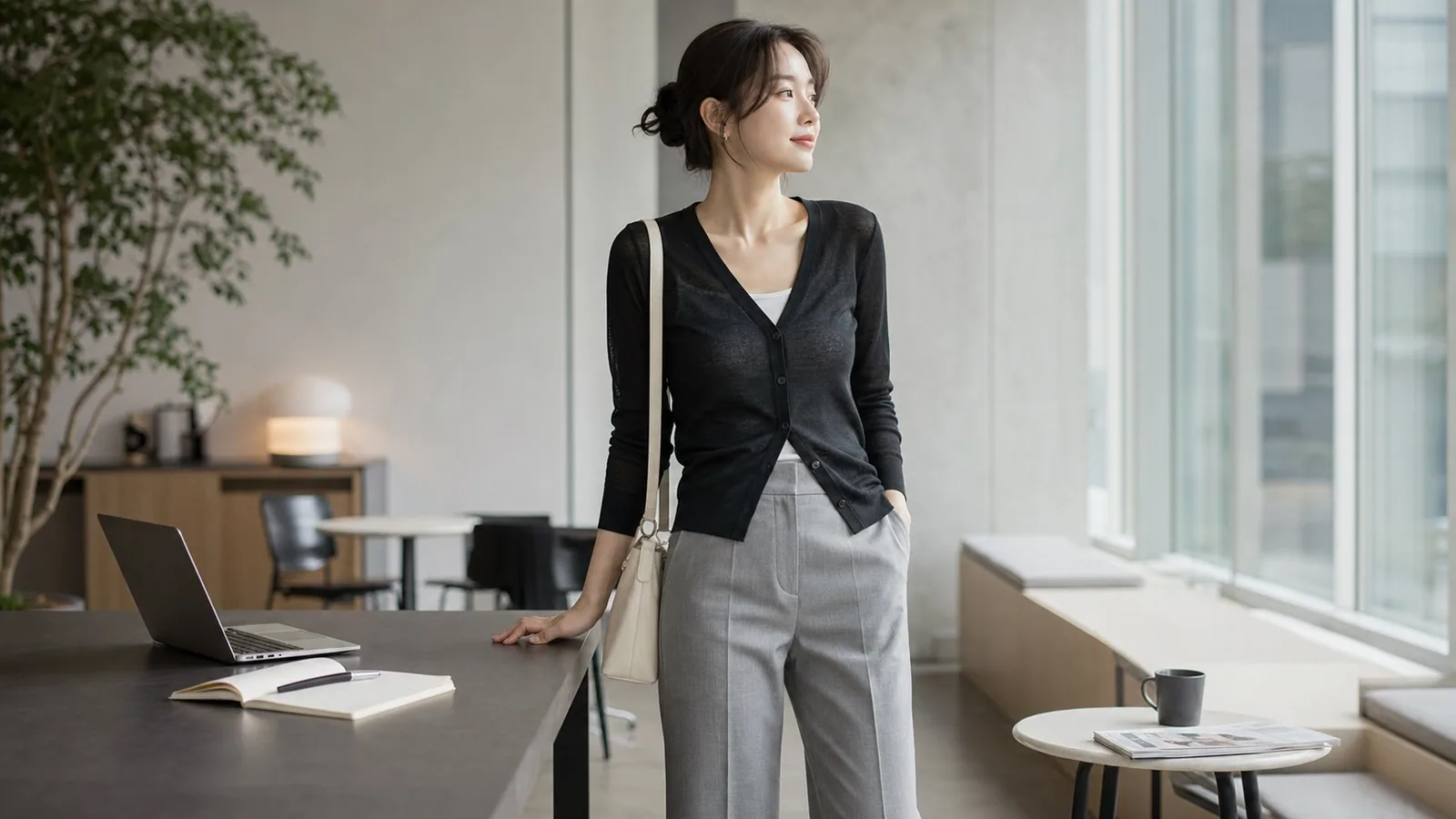 얇은 블랙 가디건과 라이트 그레이 팬츠를 입은 직장인 실내 냉방용 미니멀룩 참고 이미지