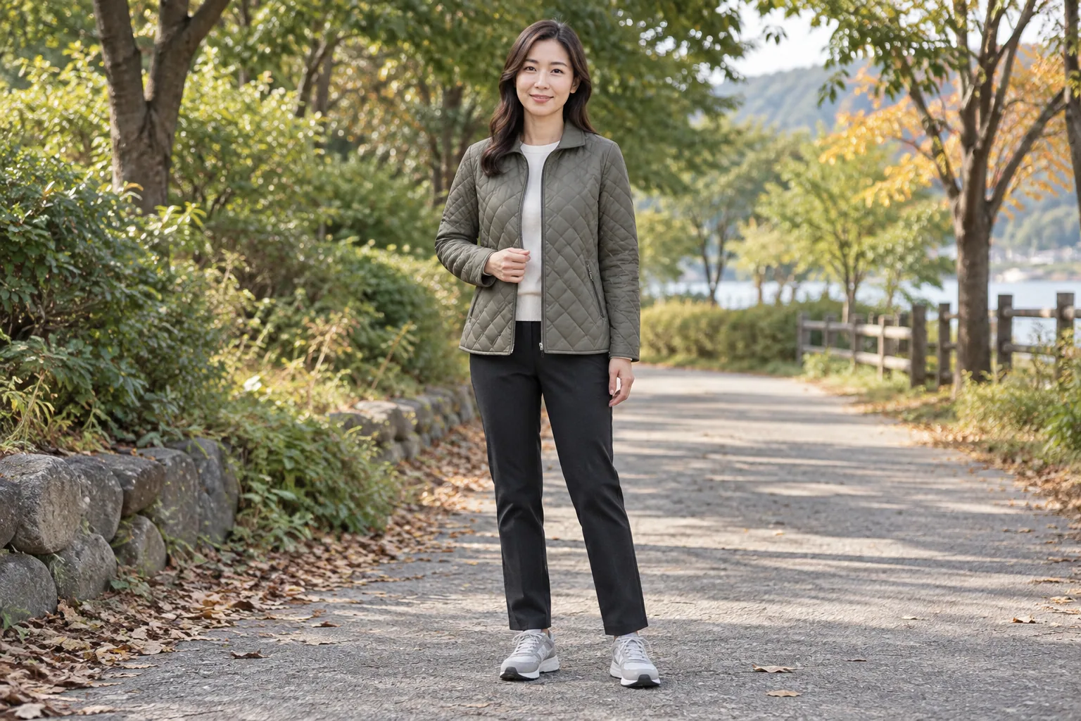 얼굴 전체가 보이는 가상 모델이 올리브 그레이 퀼팅 자켓과 어두운 바지를 입고 공원 길에 서 있는 전신 참고 이미지