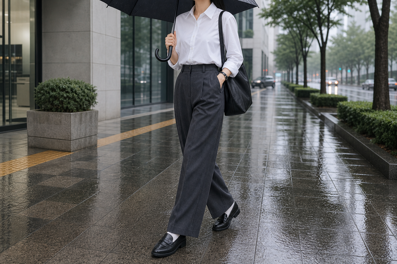 비 오는 도심에서 화이트 셔츠와 차콜 와이드 슬랙스, 러버솔 로퍼를 착용한 출근룩 참고 이미지