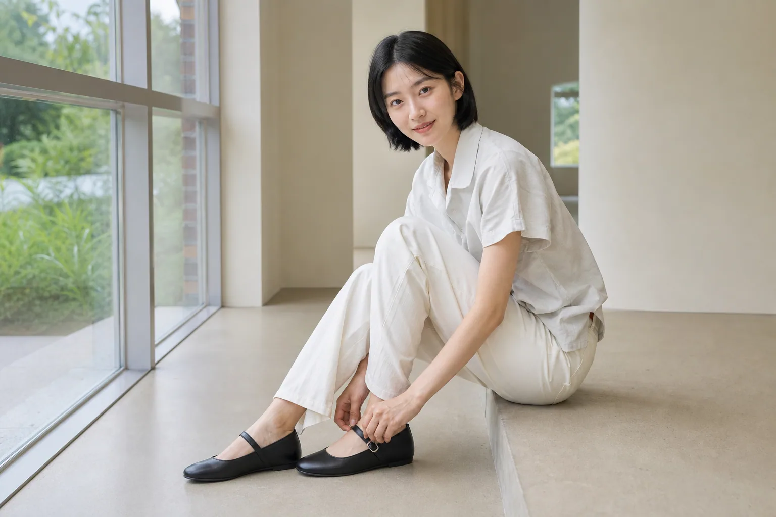 밝은 실내에서 얼굴 전체가 보이는 가상 인물이 여름 옷차림에 검정 메리제인 플랫을 신고 착화감을 살피는 모습