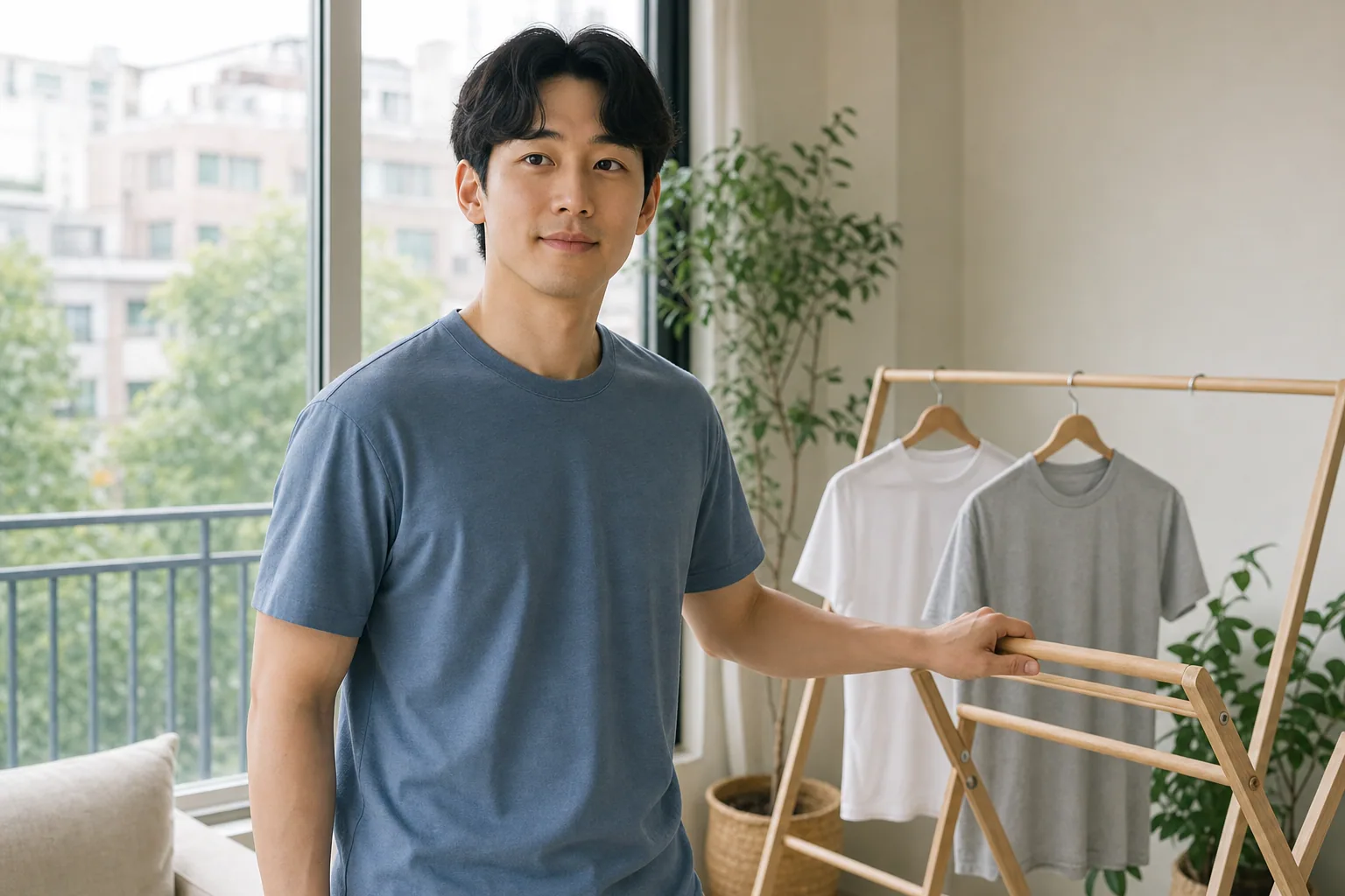 밝은 창가에서 청회색 무지 반팔 티셔츠를 입고 건조대 옆에 선 남성의 여름 티셔츠 참고 이미지