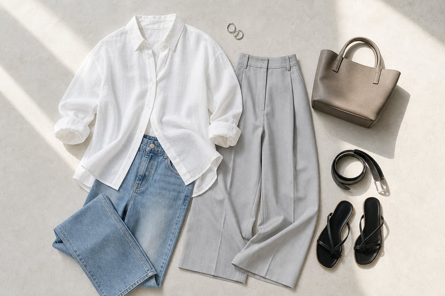 화이트 셔츠와 라이트 데님, 그레이 슬랙스, 데일리백을 함께 놓은 여름 코디 flatlay
