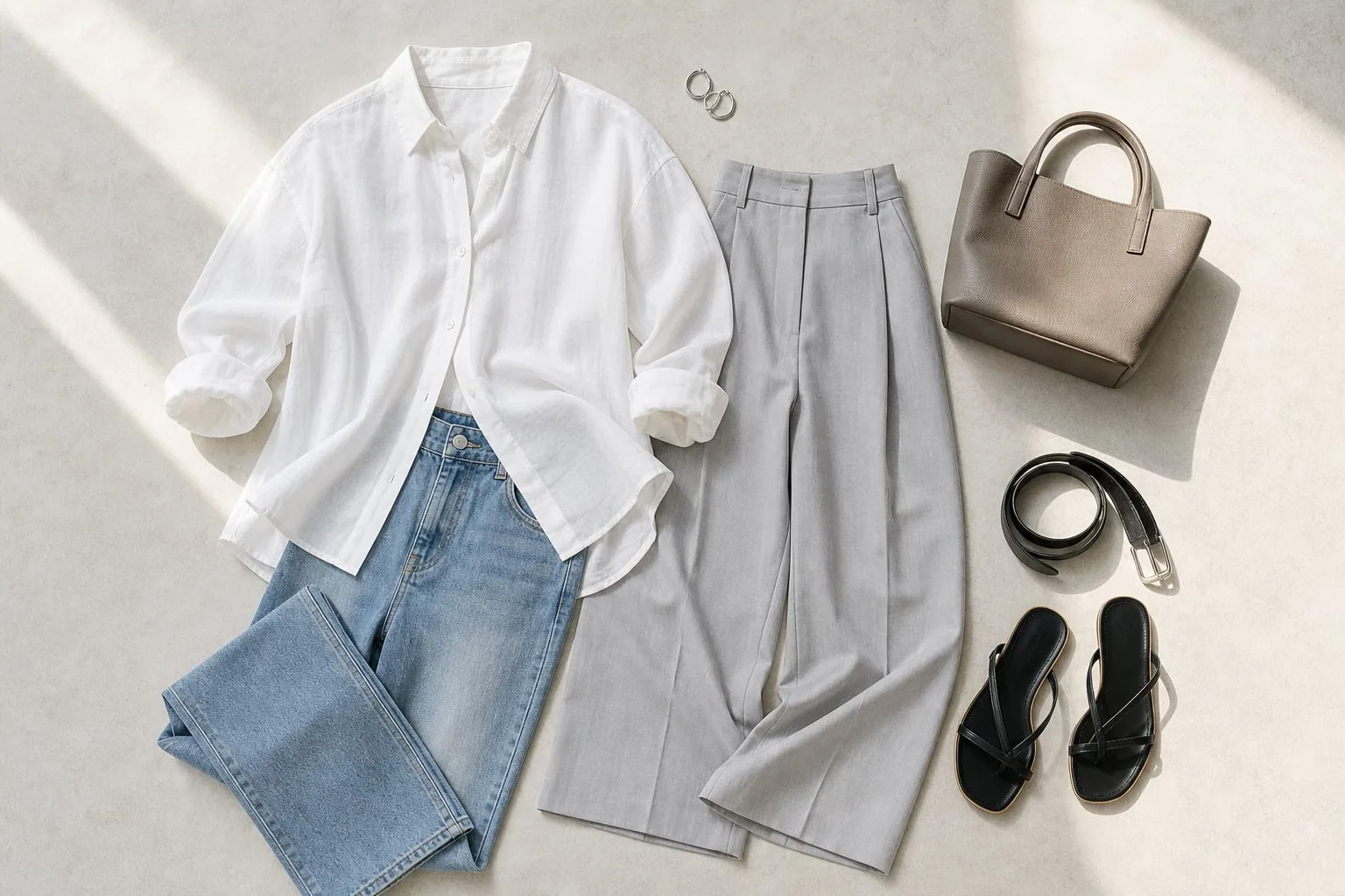 화이트 셔츠와 라이트 데님, 그레이 슬랙스, 데일리백을 함께 놓은 여름 코디 flatlay